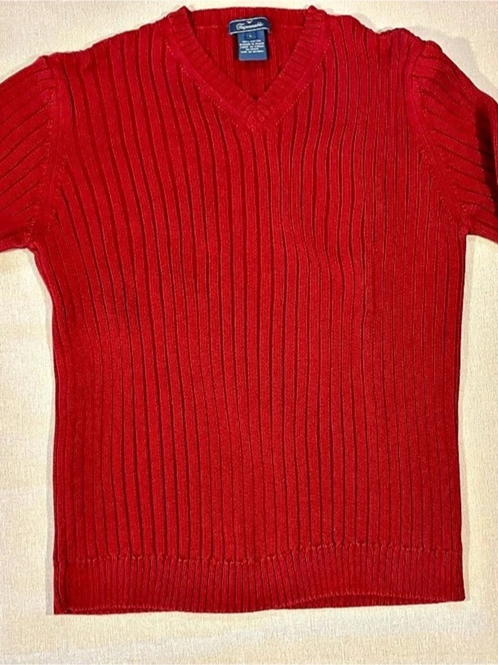 Faconnable Men’s Large Holiday Red 100% Cotton Ribbed V-Neck Sweater